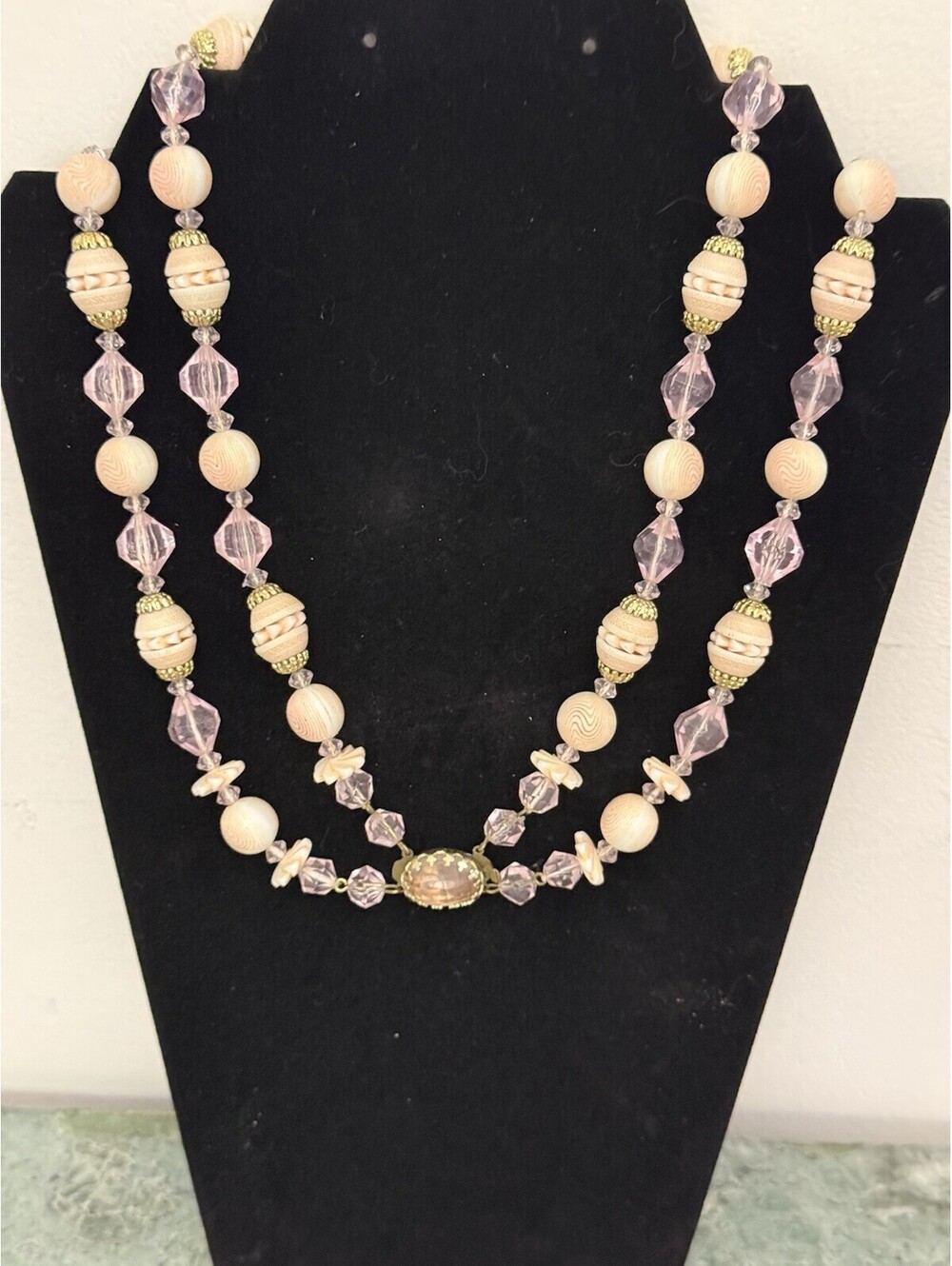 Vintage West Germany Pink Double Strand Necklace Choker CarveCream Romantic Bead
